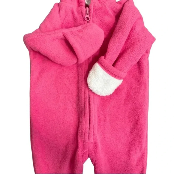 Cozy Pink Fleece Baby Onesie with Ears | Soft Zip-Up Footie Pajama Jumper - Picture 4 of 4